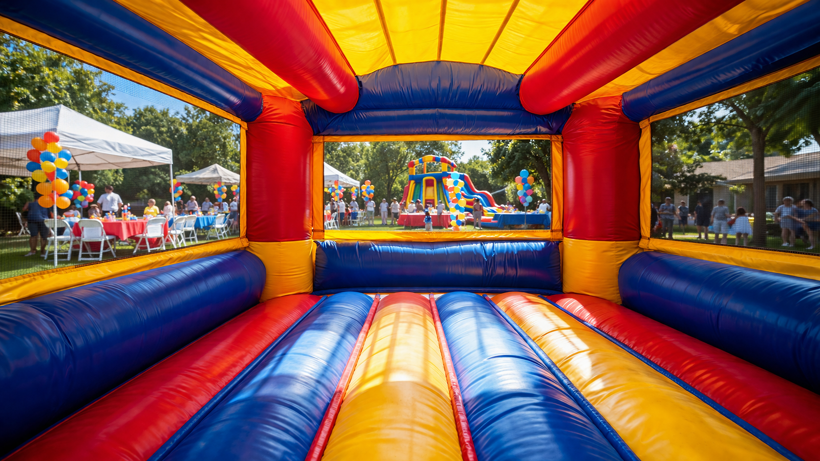 POV from inside a bounce house with a party scene as the background.