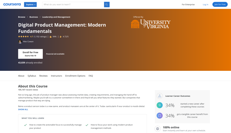 Digital Product Management Certification: Modern Fundamentals by University of Virginia (Coursera)