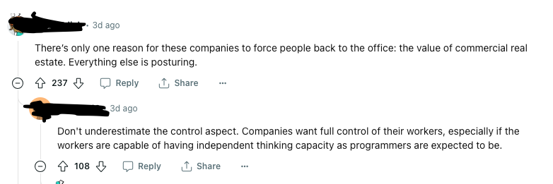Reddit comments on going back to office