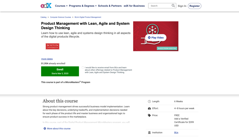 Product Management Certification with Lean, Agile and System Design Thinking (edX)