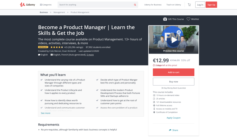 Become a Product Manager Course — Learn the Skills & Get the Job (Udemy)