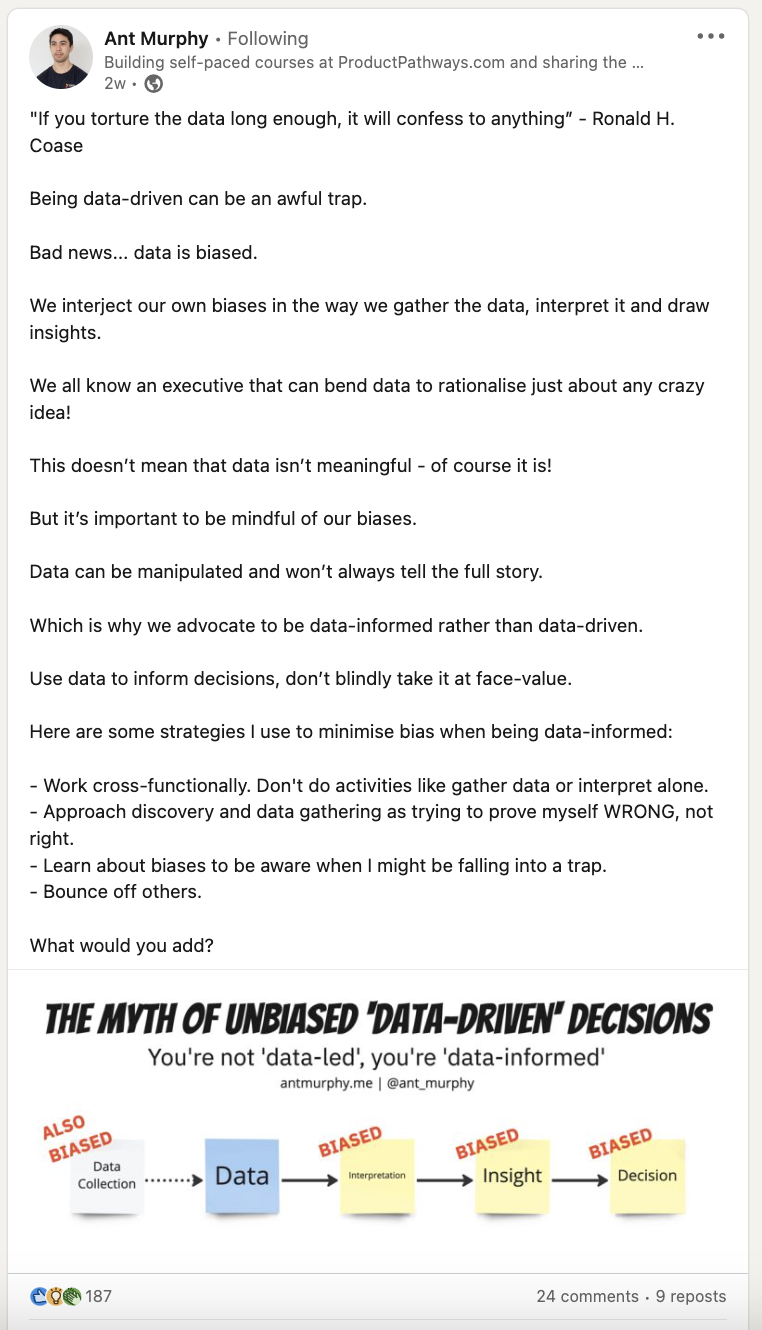 Ant Murphy via LinkedIn on myth of data driven decisions