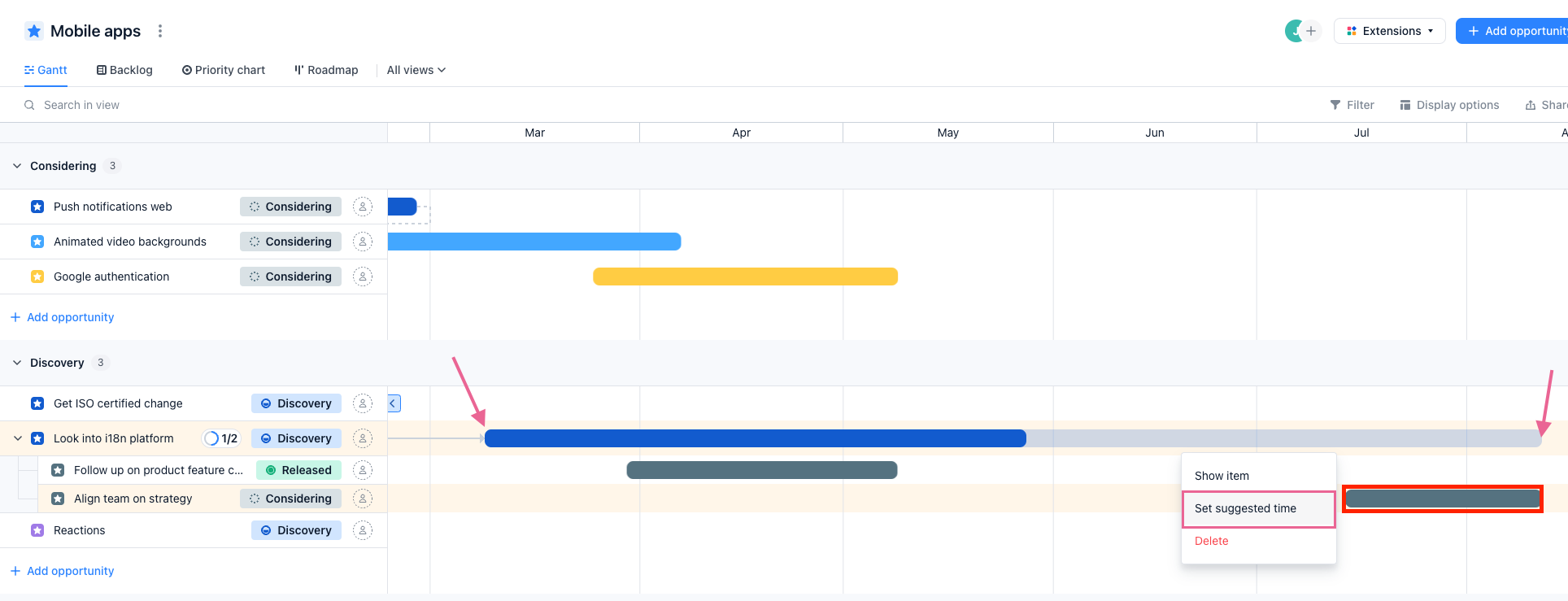 Gantt parents and items