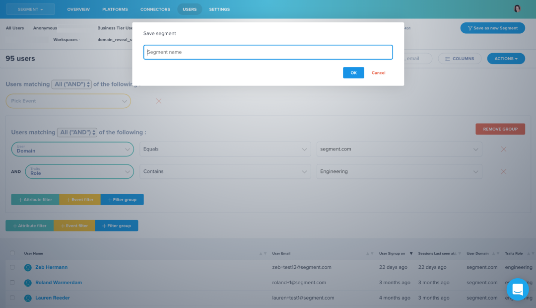 Create segments of users from any attribute or event data compiled across all your connected tools.