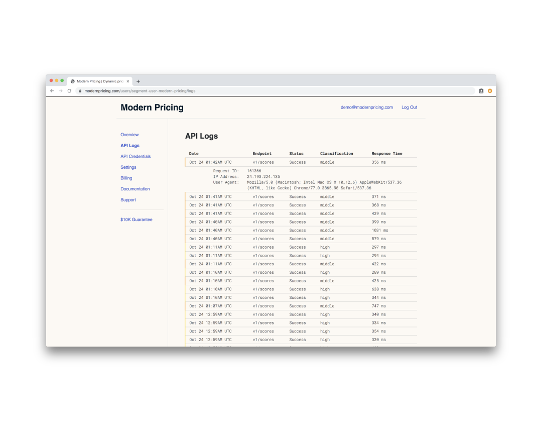 Quickly inspect the results for every call to the Modern Pricing API on your logs page.
