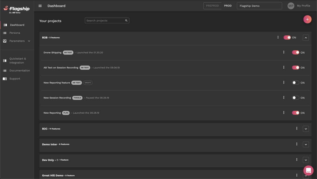 In Flagship, features are organized into projects that you can find and manage from your dashboard.