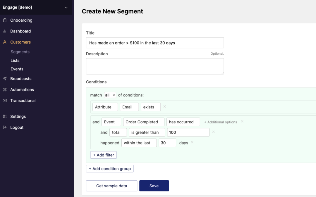 Create customer segments based on synced customer attributes and events
