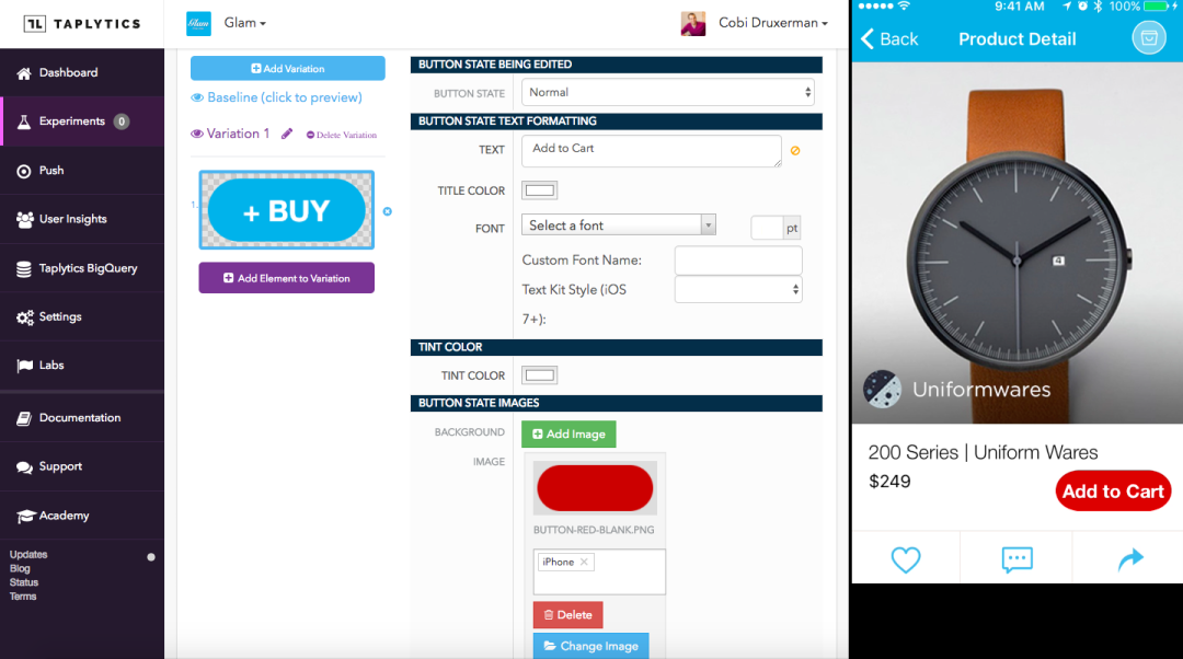 A/B test visual UI changes such as color, text, or placement with the codeless editor.