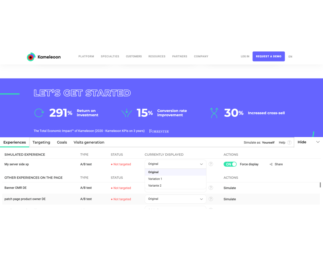 Preview how your test will look and function with Kameleoon’s Simulate mode. Share before going live.