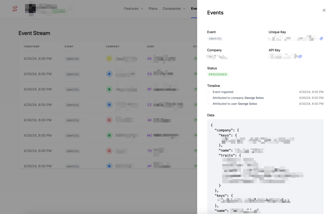 Verify events are being submitted to Schematic using the Event Stream. Keep company and user profiles up-to-date with identify calls.