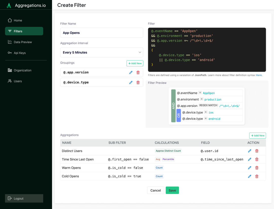 Building a new filter & associated aggregations is simple.