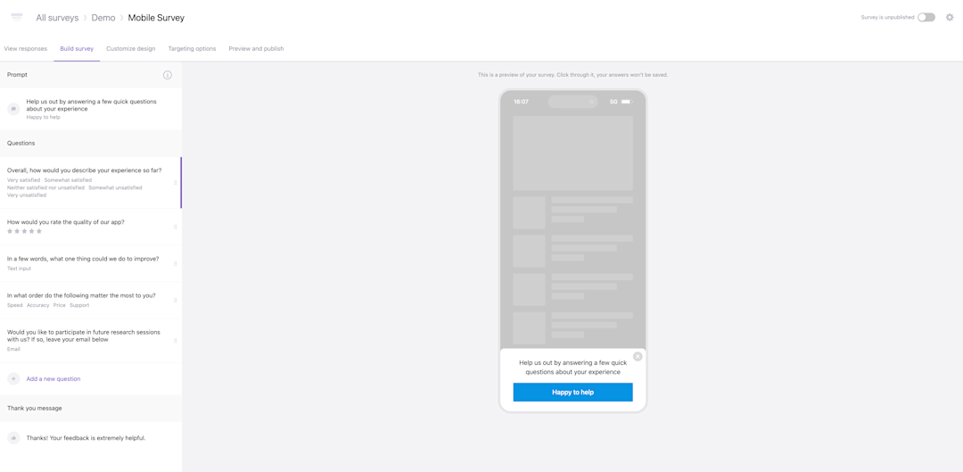 Survey editor with live preview.