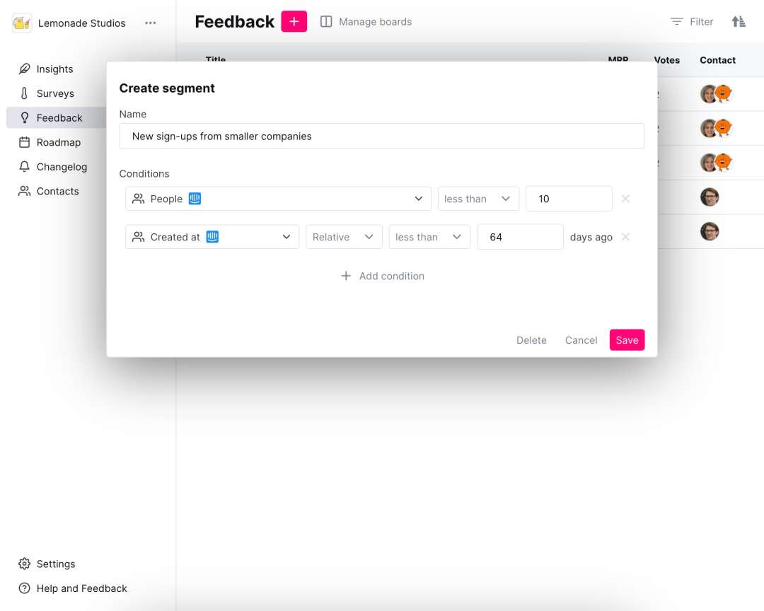 Segment feedback and insights based on user properties.