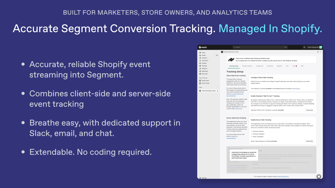 Accurate Segment conversion tracking - managed In Shopify. Fueled combines client-side and server-side event tracking. Extendable. No coding required.