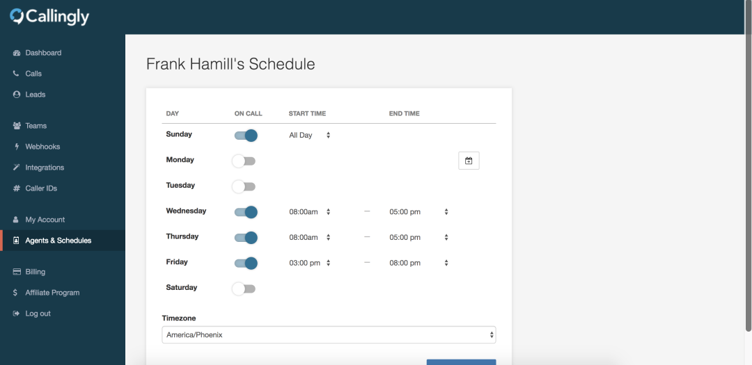 Set schedules for every agent to route leads to the right person at the right time.