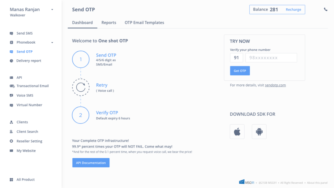 Enable OTP SMS for your app/website from the dashboard of MSG91