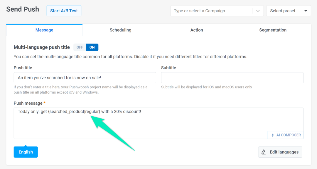 Personalize messages based on user attributes from Segment. You can leverage user attributes obtained from Segment to modify the content of your push notifications, in-app messages, and emails. This will allow you to set up relevant and high-converting communications.
For example, Segment sends the searched_product attribute values to Pushwoosh. You can create a push preset offering a discount on the products from a category a user has previously searched for