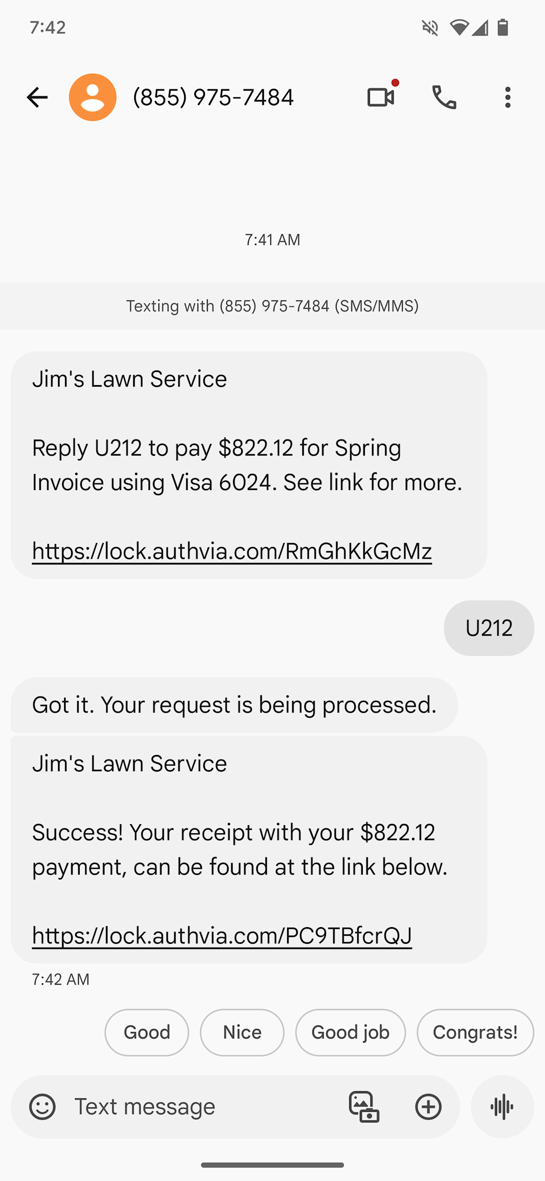 Paying is as easy as replying to a text message.