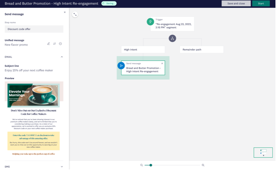 Build and automate journeys that can be triggered by real-time behaviors, events, and intent in a drag-and-drop interface. 