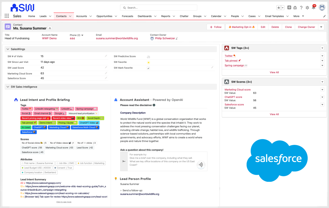 AI generated Sales Insights for leads, contacts, accounts. Surface the full journey of leads and accounts, along with insights into needs and interests of accounts buying committee (ABM).