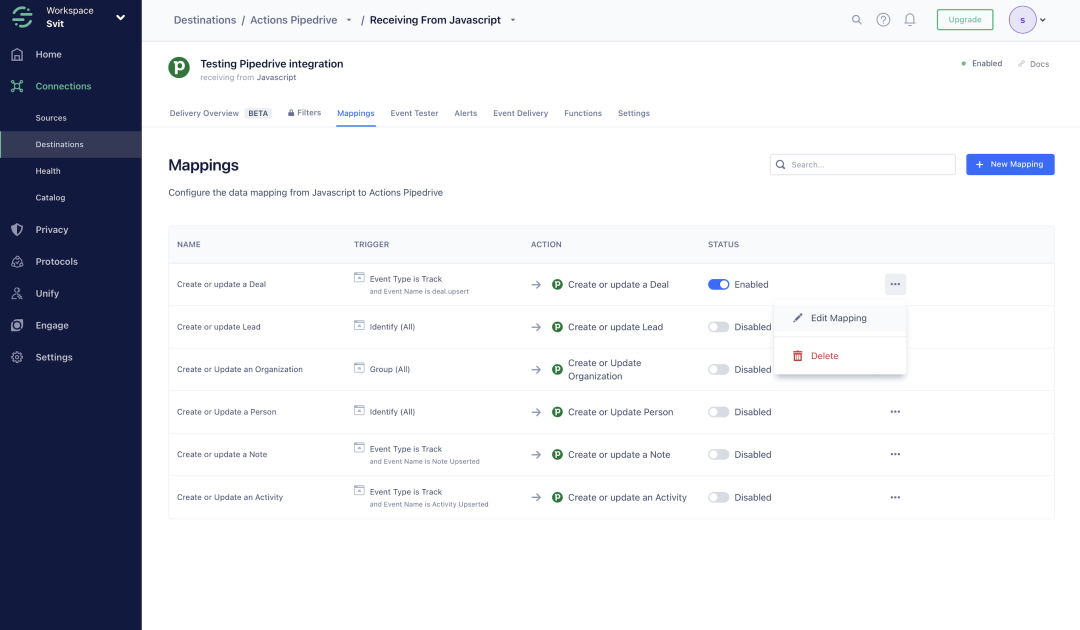 Configure destination settings and mappings to sync data with Pipedrive.