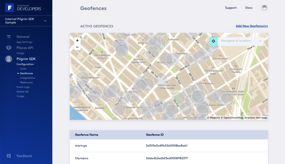 Foursquare's Geofence Builder allows you to easily create and manage your geofences, including Foursquare venues, chains or categories, as well as Lat/Lng's and Polygons.
