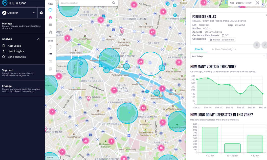 Manage and create locations interest and see how many users visit the zone and how long they stay