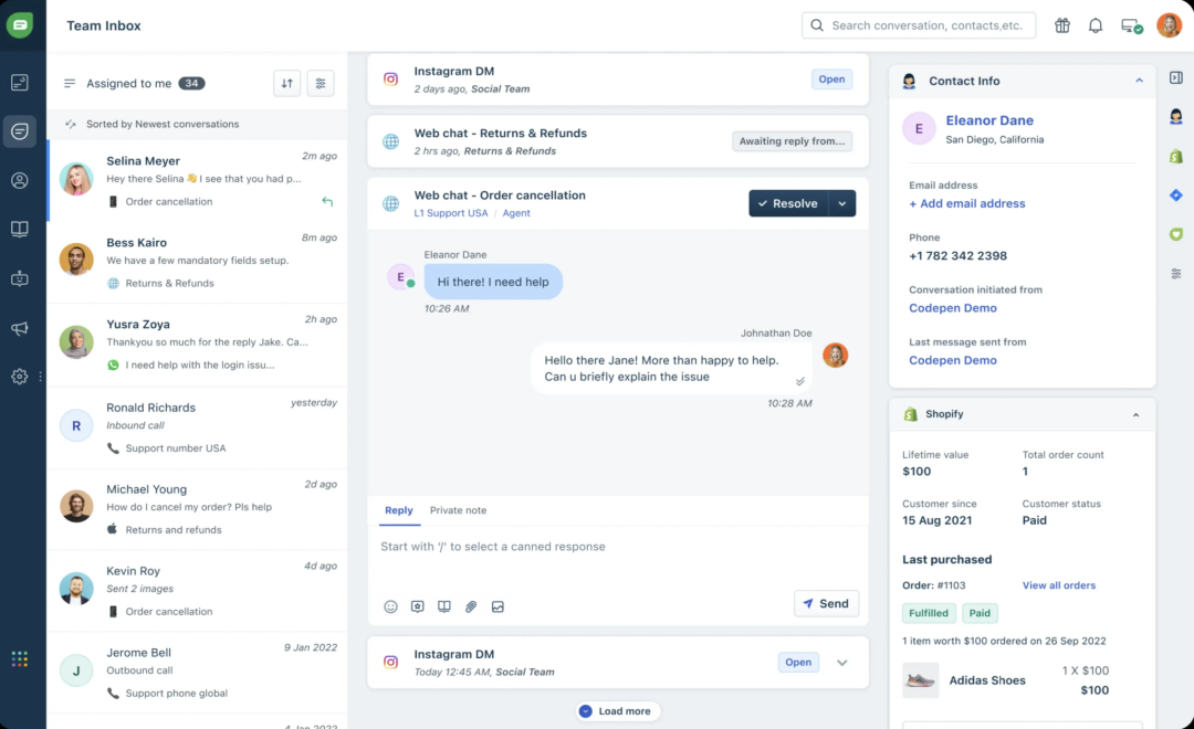 Give your agents the context they need to deliver personalized experiences. Make it easy for them to see details like past purchases and open issues, conversations from any channel, and more.