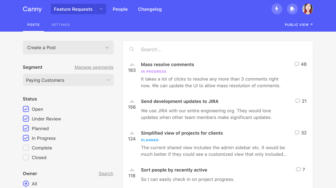 Sort, filter, and segment feature requests to gain insight on what your team should work on.