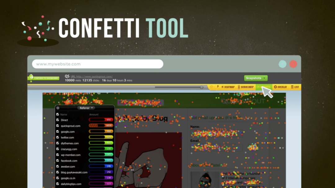 Confetti tool segments clicks based on referral source and search terms so teams can visualize how users found their page and how they interact with on-page elements