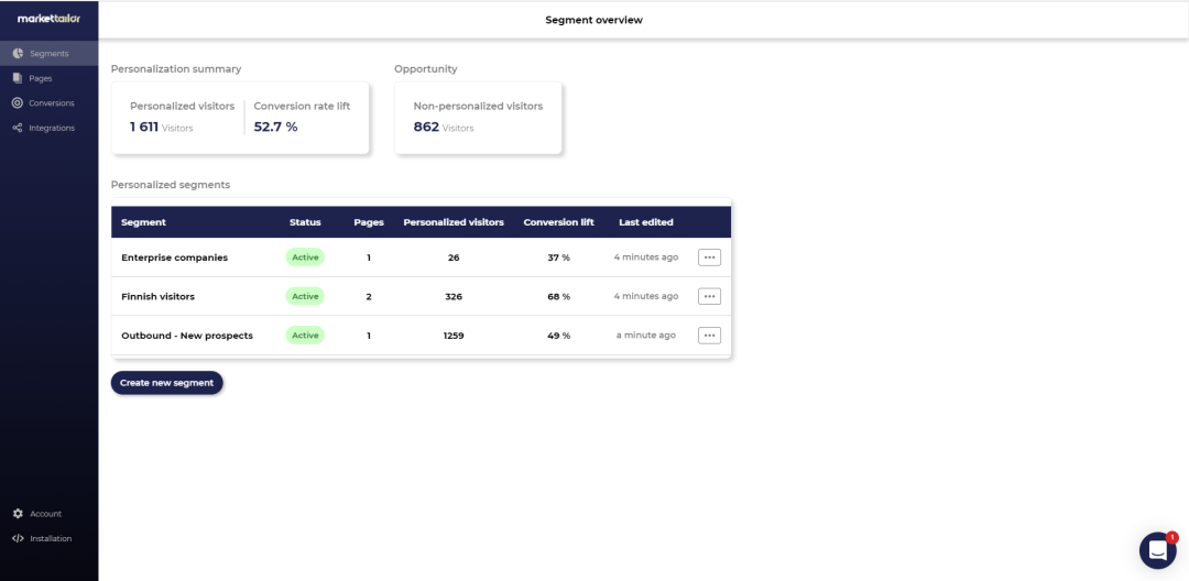 Segments Overview - manage and monitor the success of your personalized segments.