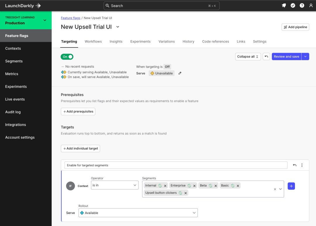 The LaunchDarkly feature flag targeting page with a targeting rule configured to target contexts in a set of segments synced from Segment Audiences.