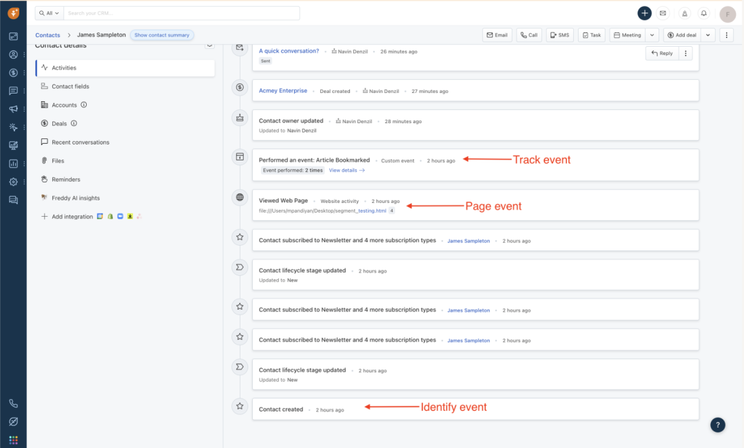 Shows the track events of a contact from Segment.