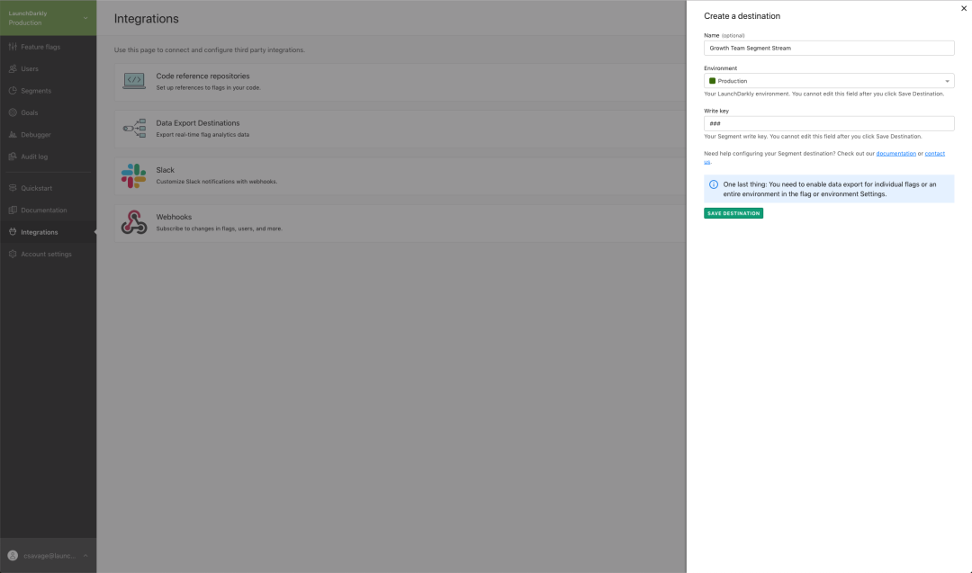 Connect a Segment Stream to export Feature Flag evaluation data to build analysis and user cohorts.