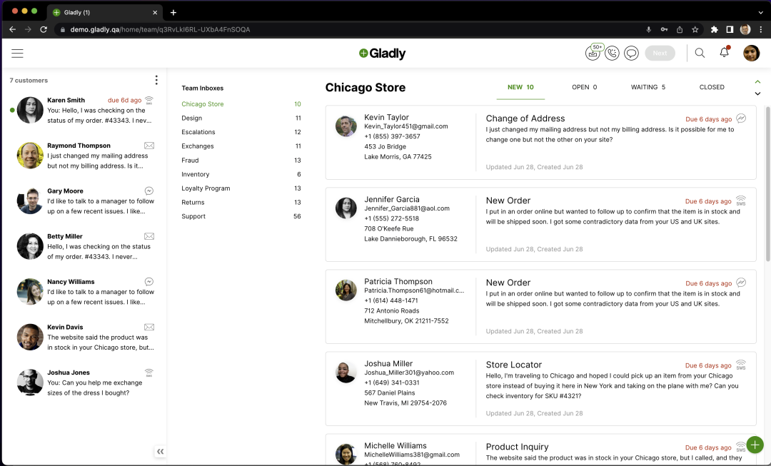 View incoming support requests from all channels in one location using Gladly’s dashboard.