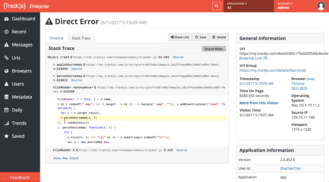 Full stack traces with most errors, including async frames, source maps, and inline source code fragments.