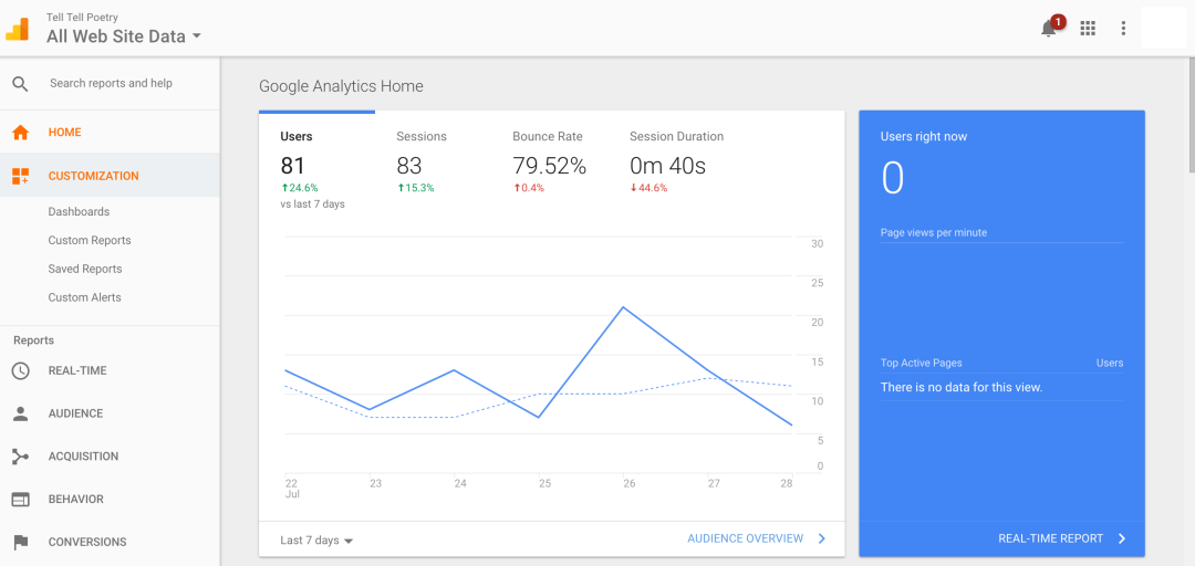 Displays user information, sessions, bounce rate, and session duration so teams can analyze real-time data against historical data