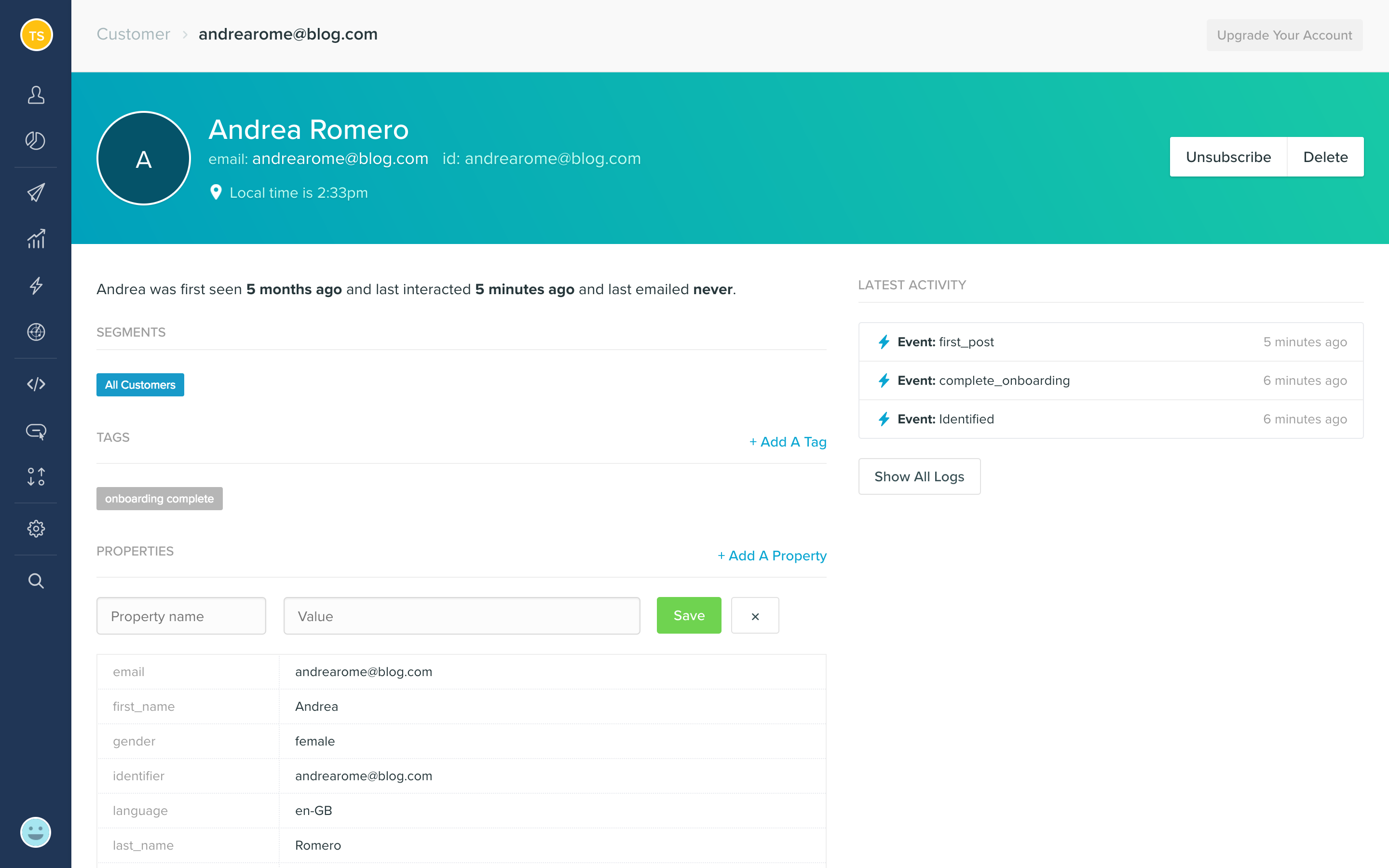 Capture and manage customer data and actions, then build customer segments based on that data.