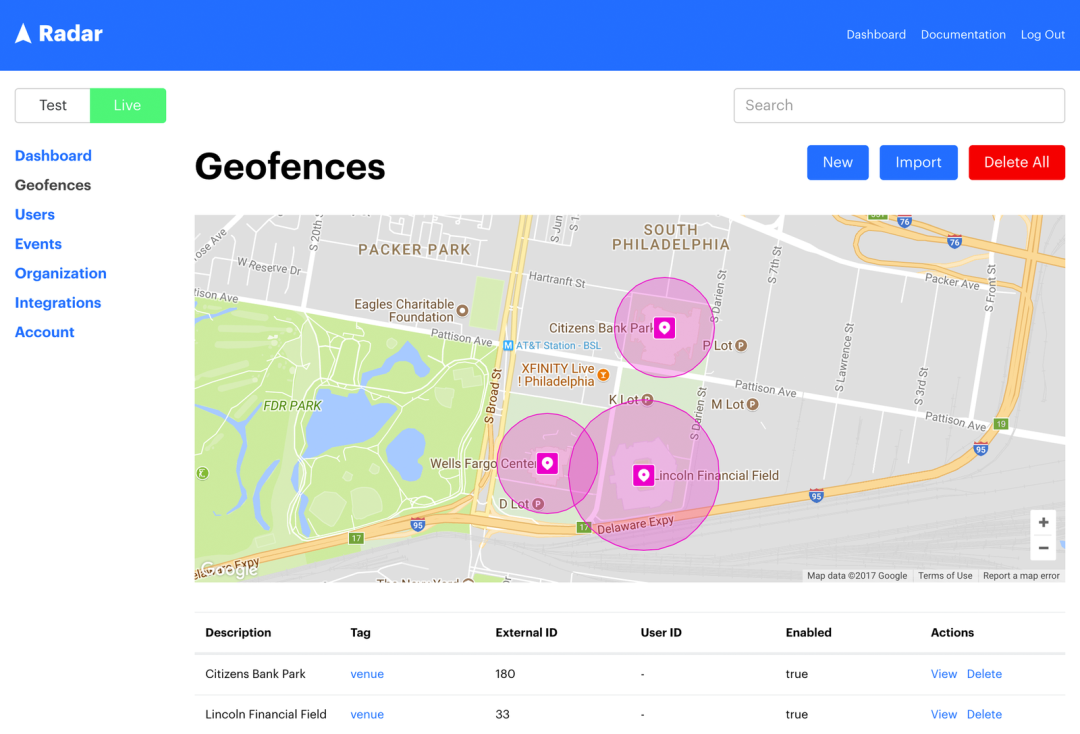 Supports triggered marketing campaigns based on when users entered or exited custom geofences