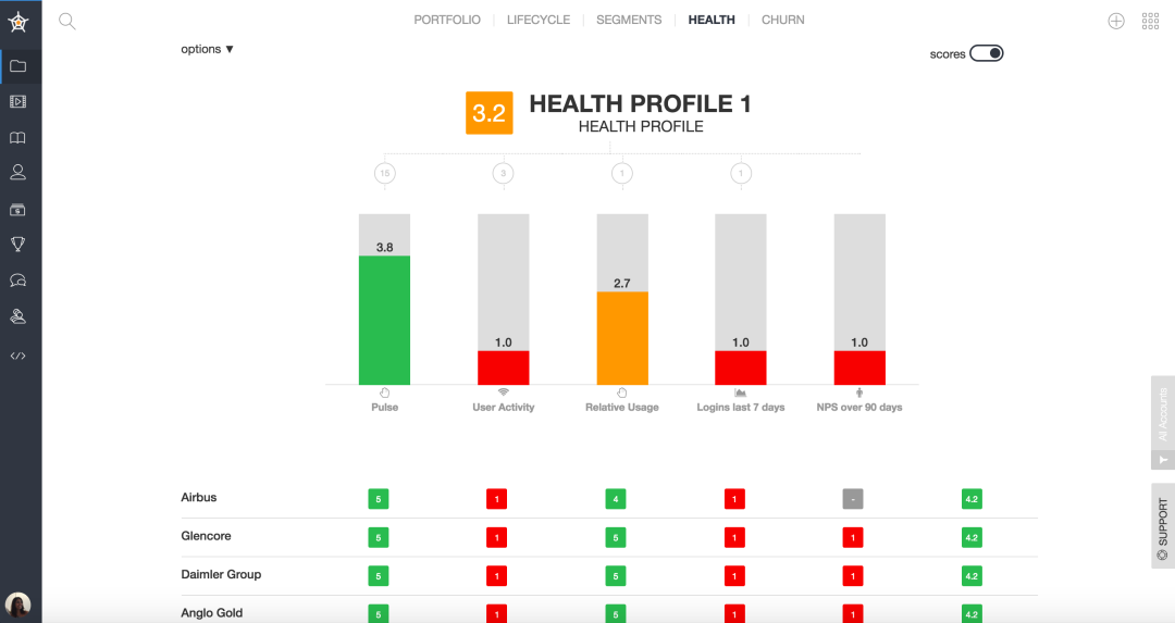 Generates customer health score so teams can track logins, Net Promoter Score®, and user activity