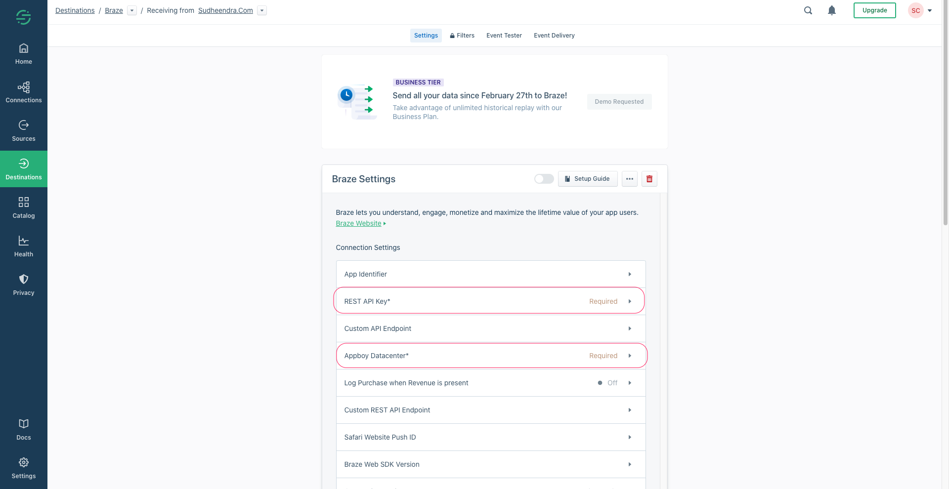 Braze Destination Settings Page