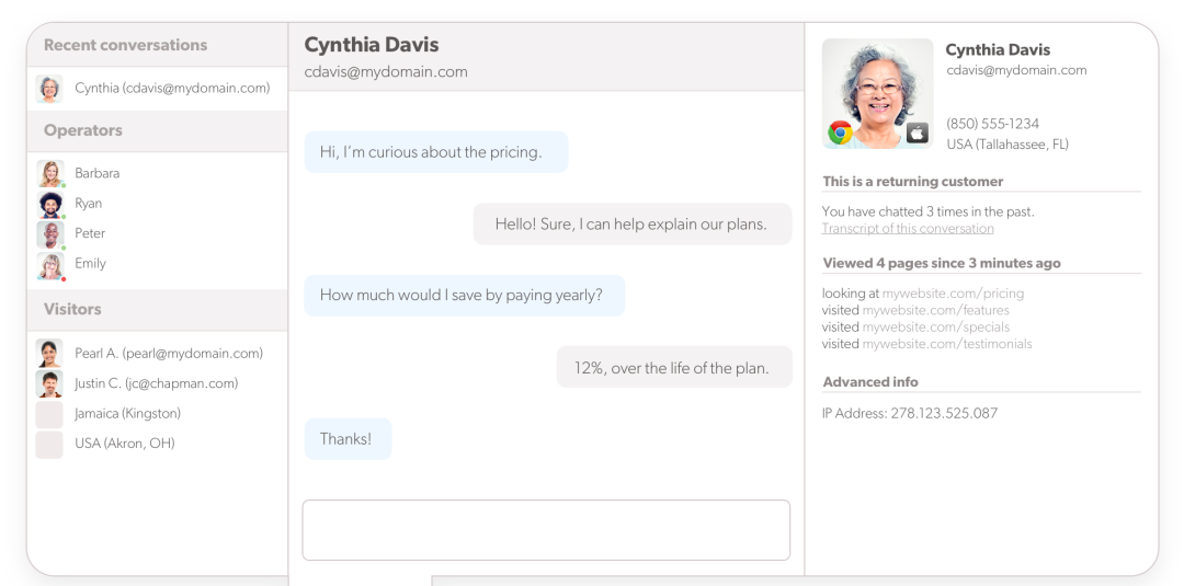 See specific information on who you’re chatting with, including username and email (if logged in), device and browser type, location based on IP address, and what pages visited.