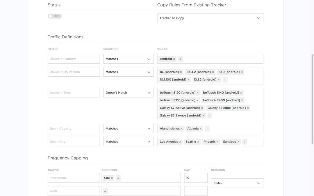 Set custom parameters and volume caps for acceptable traffic and decide how to attribute unverified traffic for campaigns.