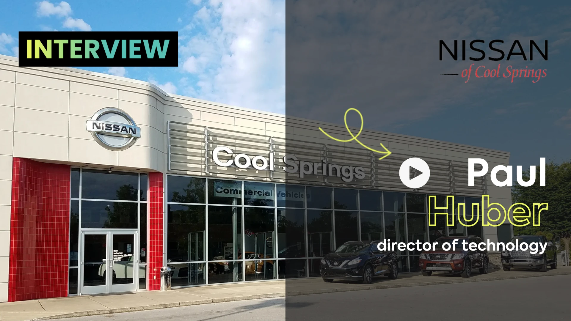 A photo of the Nissan of Cool springs dealership with the words "Interview: Paul Huber, director of technology"