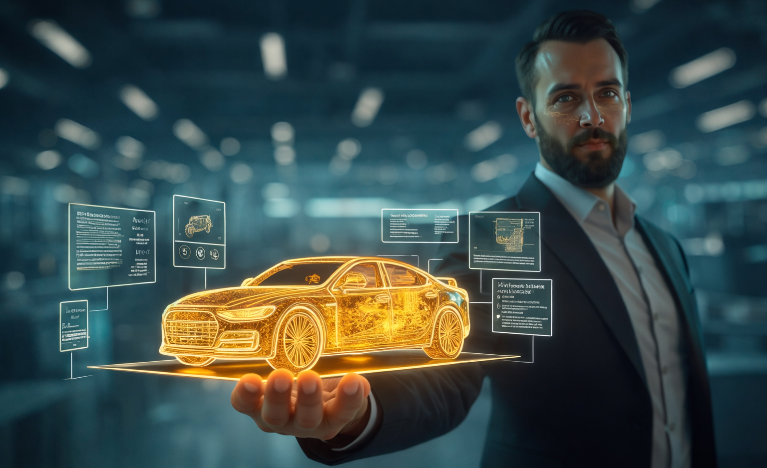 A photo of a man in a suit in front of a futuristic background holding out a glowing, virtual car in the palm of his hand