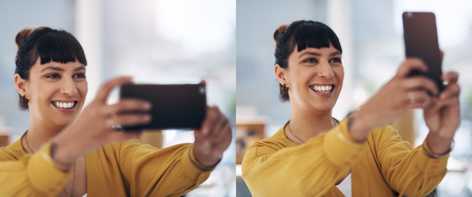 Side by side photos of a smiling woman in a yellow shirt. In one photo, she is recording with her phone horizontally. In the other, she holds her phone vertically.