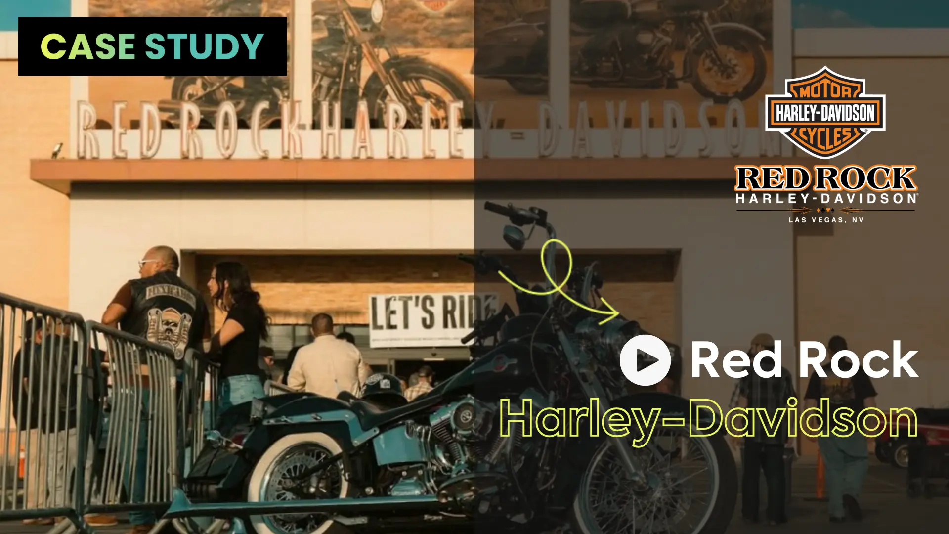 A photo of the Red Rock Harley-Davidson storefront with a motorcycle out front and several people gathered. The text says "Case Study: Red Rock Harley-Davidson" with the dealership's logo.