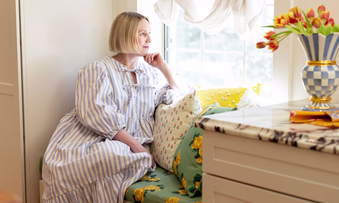 Brittany Jepsen in a dress made of Spoonflower fabric.