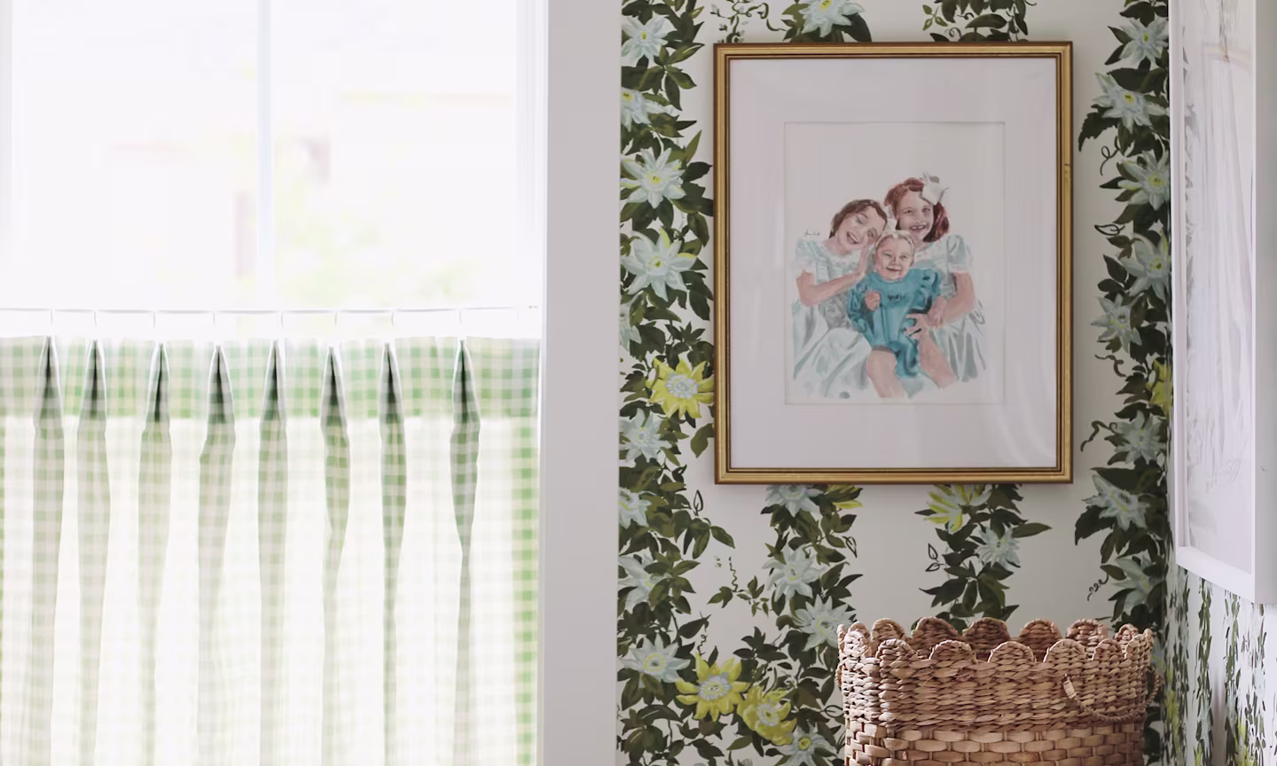 Laundry room with wallpaper in a leafy floral stripe and a cafe curtain in a green gingham print.