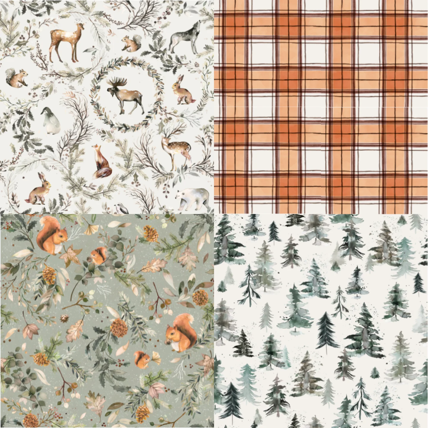 A grid of 4 winter woodland designs from ninola-design